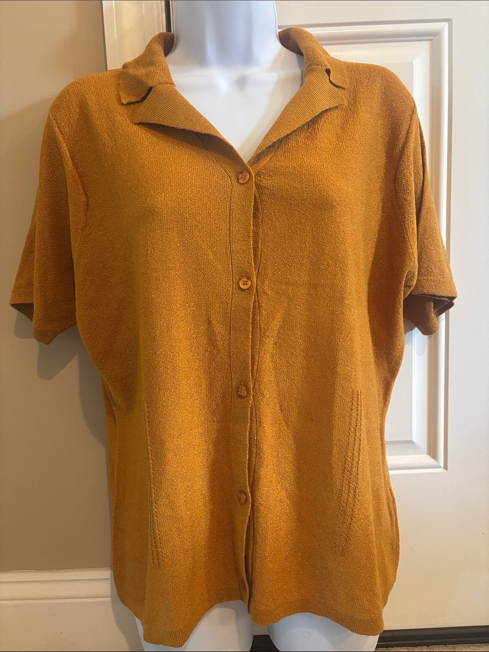 Casual Short-Sleeve Button Front Knit Top in Warm Mustard